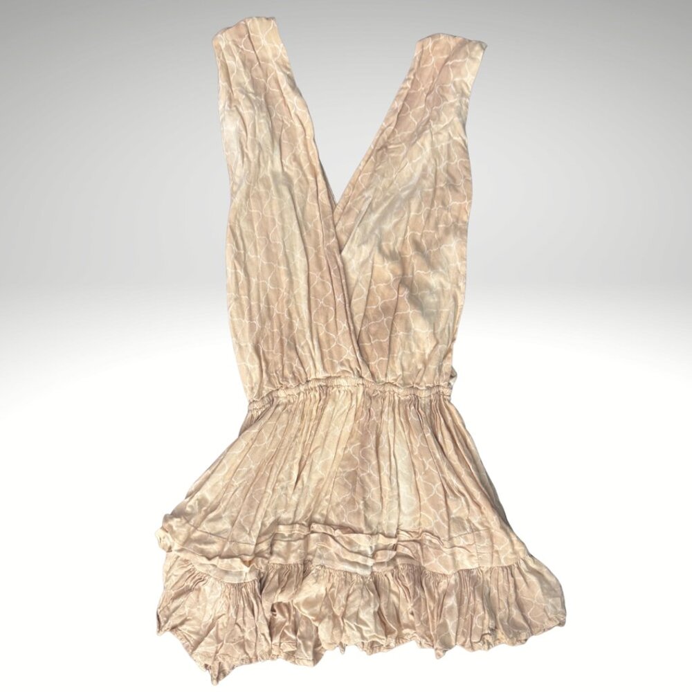 Indah Beige Crinkle Deep-V Boho Mini Dress – Size XS